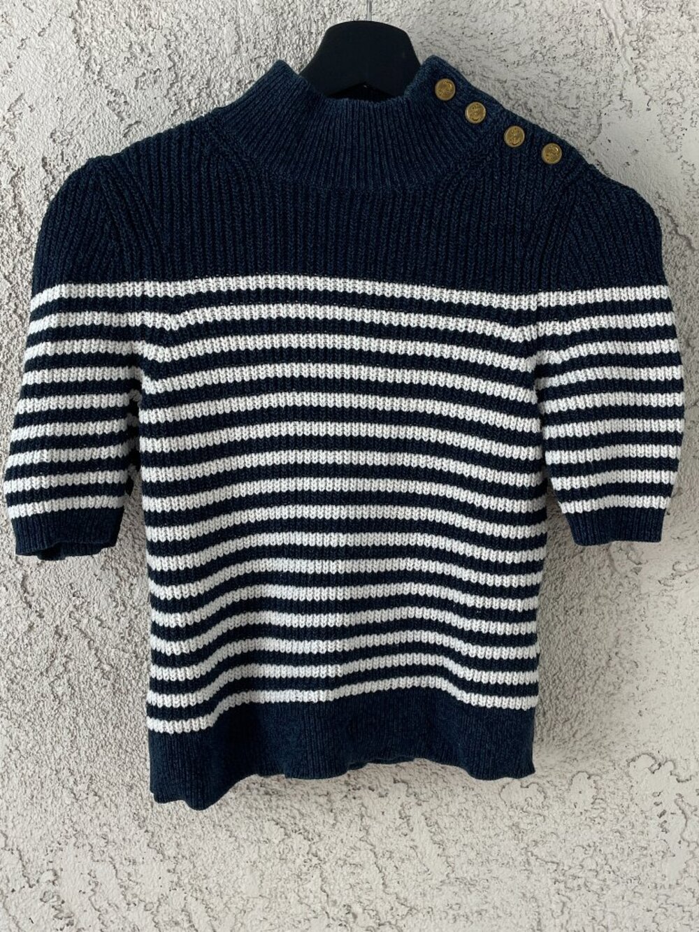 Maeve Anthropologie Navy White Striped Mock Neck Boxy XS Sweater Nautical Paris